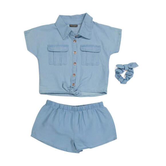 VINCE CAMUTO denim Girls 2pc Tie Front Top And Shorts Set - Picture 1 of 2